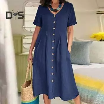 Женское платье с V-образным вырезом, однобортное, свободные пуговицы, с коротким рукавом, свободные карманы, высокая талия, длина до середины икры, однотонное женское летнее платье миди L темно-синий