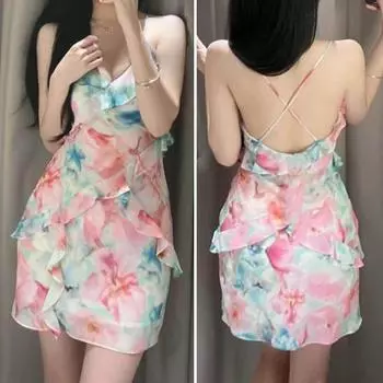 Женское платье с V-образным вырезом, многослойным рюшом и принтом тай-дай, сладкого цвета, с перекрестной спиной, без рукавов, трапециевидной формы, с открытой спиной, без рукавов, летнее мини-платье, короткое для отпуска, пляжной вечеринки M розовый
