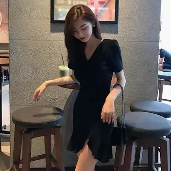 Женское платье с V-образным вырезом, коротким рукавом, черное платье с оборками, асимметричное, облегающее платье M