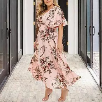 Женское платье с V-образным вырезом, высокой резинкой на талии, цветочным принтом, А-силуэтом, большим подолом, оборками на рукавах, плиссированное платье макси размера плюс XL абрикосовый