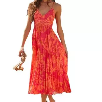 Женское платье с V-образным вырезом и подтяжками, без рукавов, с принтом, пляжное, плиссированное, сексуальное S