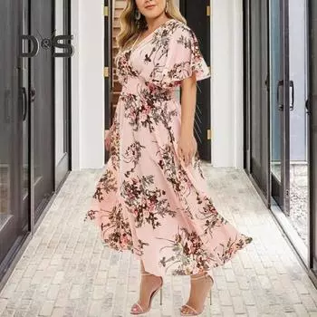 Женское платье с V-образным вырезом, высокой резинкой на талии, цветочным принтом, А-силуэтом, большим подолом, оборками на рукавах, плиссированное платье макси размера плюс XXXXXL розовый