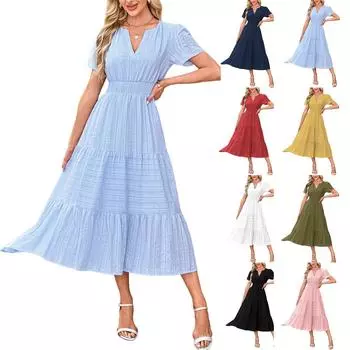 Женское платье с V-образным вырезом, плиссированными рукавами-фонариками и длинными рукавами L чёрный