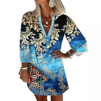 Женское платье с V-образным вырезом и длинными рукавами на весну и осень S синий