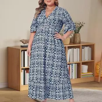 Женское платье с V-образным вырезом, короткими рукавами, эластичной высокой талией, струящимся подолом, платье миди с геометрическим принтом, вечернее пляжное платье XXXXL зелёный