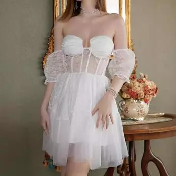 Женское платье с V-образным вырезом и открытыми плечами, кружевное мини-платье принцессы, белое платье для подружки невесты S белый