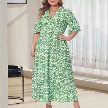 Женское платье с V-образным вырезом, коротким рукавом, эластичной резинкой и высокой талией, струящимся подолом, миди XXXXL красный