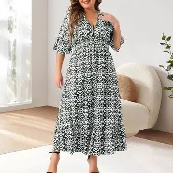 Женское платье с V-образным вырезом, короткими рукавами, эластичной высокой талией, струящимся подолом, платье миди с геометрическим принтом, вечернее пляжное платье XXL зелёный
