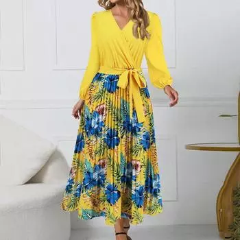 Женское платье с V-образным вырезом, длинными рукавами, принтом и складками, юбка А-силуэта средней длины XXL жёлтый