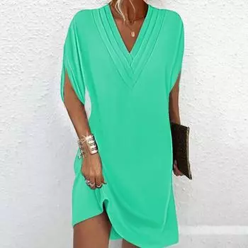 Женское платье с v-образным вырезом, плиссированное, с рукавами «летучая мышь», однотонное, свободное, мягкое, дышащее, мини-платье выше колена для поездок на работу S оранжевый