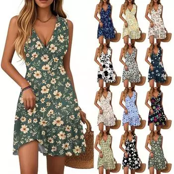 Женское платье с V-образным вырезом, без рукавов, повседневное, с цветочным принтом, плиссированное платье XL