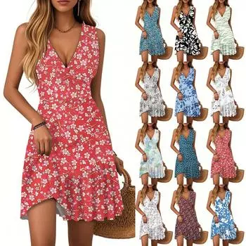 Женское платье с V-образным вырезом, без рукавов, повседневное, с цветочным принтом, плиссированное платье M