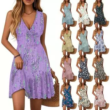 Женское платье с V-образным вырезом, без рукавов, повседневное, с цветочным принтом, плиссированное платье XXL