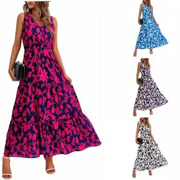 Женское платье с V-образным вырезом и принтом без рукавов для вечеринок, модные повседневные платья средней длины S чёрный