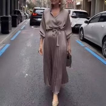 Женское платье с V-образным вырезом, длинным рукавом, шнуровкой, высокой талией, длинное платье, однотонное платье-рубашка с плиссированным подолом M хаки