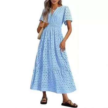 Женское платье с V-образным вырезом, плиссировкой и короткими рукавами XS чёрный