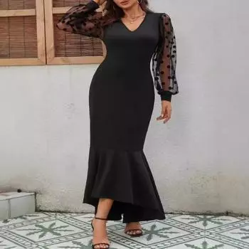 Женское платье с V-образным вырезом и длинным рукавом, в горошек, с сетчатой строчкой, эластичное платье на ягодицах 0XL чёрный