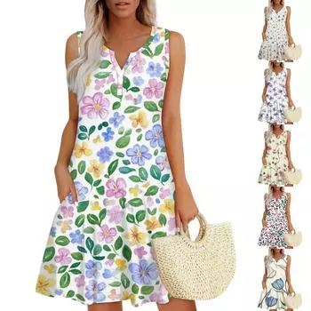 Женское платье с V-образным вырезом на пуговицах и цветочным принтом с карманами L армия зеленый