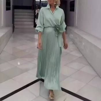 Женское платье с V-образным вырезом и длинным рукавом, на шнуровке, с высокой талией, длинное платье, однотонное M зелёный