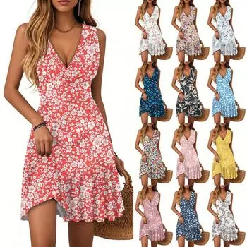 Женское платье с V-образным вырезом, без рукавов, повседневное, с цветочным принтом, плиссированное платье S