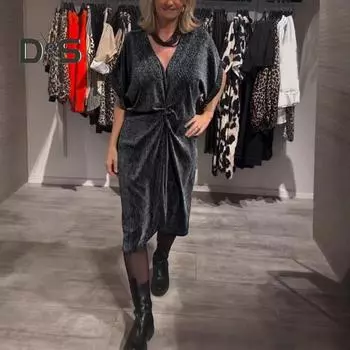 Женское платье с V-образным вырезом длиной до колена, свободное однотонное платье миди с блестящим узлом на талии, короткие рукава, повседневное платье для свиданий XXXL темно-желтого