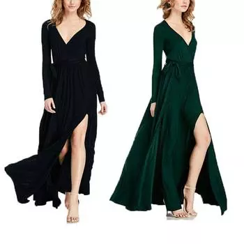 Женское платье с V-образным вырезом и длинным рукавом, весна-осень, модное однотонное длинное платье S чёрный