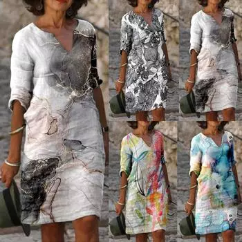 Женское платье с v-образным вырезом и короткими рукавами, повседневное платье с принтом, пляжные платья, платье в стиле бохо L