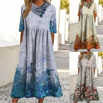 Женское платье с V-образным вырезом и пуговицами, женское лоскутное платье с цветочным принтом, длинное платье с короткими рукавами