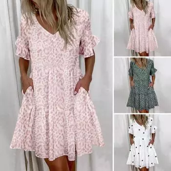 Женское платье с V-образными боковыми карманами в стиле пэчворк, свободный подол, с принтом, шея, трапециевидной формы, с короткими рукавами, плиссированные, с рюшами S белый