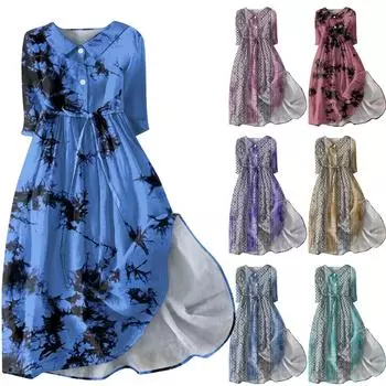 Женское платье с вертикальными лацканами и пуговицами, рукавами три четверти и ремешками L синий