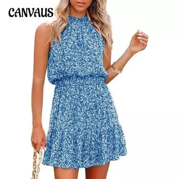 Женское платье с висячим вырезом, летнее богемное платье с цветочным принтом, повседневное, без рукавов, с открытой спиной, винтажное плиссированное платье с поясом, сексуальные короткие платья S жёлтый