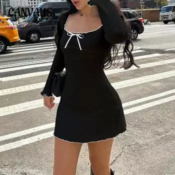 Женское платье с волнистым бантом, милым контрастным цветом, уменьшающее талию, с длинными рукавами S чёрный