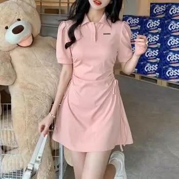 Женское платье с воротником поло, летнее, с завязками на талии, утягивающее, сладкое, пряное, чистое, с короткими рукавами S чёрный