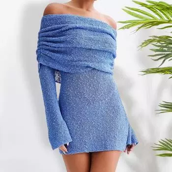 Женское платье с воротником-шалью, длинными рукавами из рога, эластичное, однотонное, облегающее M синий