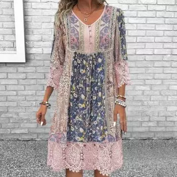 Женское платье с вырезами из кружева в стиле пэчворк с цветочным принтом и рукавами три четверти с V-образным вырезом и пуговицами Свободное платье миди в богемном стиле в стиле ретро длиной до колена для отдыха S розовый