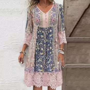 Женское платье с вырезами из кружева в стиле пэчворк с цветочным принтом и рукавами три четверти с V-образным вырезом и пуговицами Свободное платье миди в богемном стиле в стиле ретро длиной до колена для отдыха S розовый