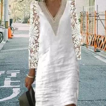 Женское платье с вырезом из кружева с V-образным вырезом и девятым рукавом, сплошной цвет, цветочная вышивка, лоскутное прямое лоскутное прозрачное платье длиной до колена, женское платье-миди XL белый