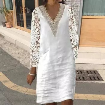 Женское платье с вырезом из кружева с V-образным вырезом и девятым рукавом, сплошной цвет, цветочная вышивка, лоскутное прямое лоскутное прозрачное платье длиной до колена, женское платье-миди XL белый