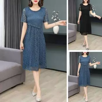 Женское платье с вырезом из кружева с круглым вырезом, сплошной цвет, цветочная вышивка, трапециевидной формы, свободный подол, двухслойное платье длиной до колена с коротким рукавом, женское платье миди 4XL чёрный