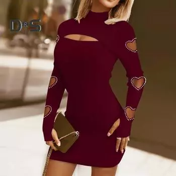 Женское платье с вырезом из кружева, облегающее, однотонное, с полувысоким воротником, эластичной мягкой цветочной аппликацией, вырезом в виде сердца, мини-платье выше колена L вино красного
