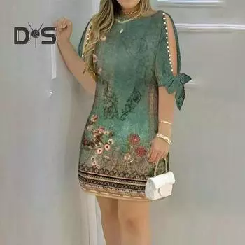 Женское платье с вырезом, короткими рукавами, круглым вырезом, цветочным принтом, в стиле ретро, мягкое, дышащее, со шнуровкой, манжетами, свободное, длиной до колена, с декором из искусственного жемчуга, для женщин, миди 2XL зелёный