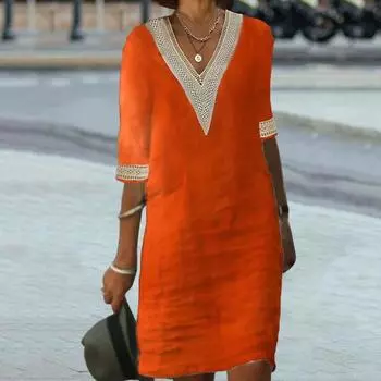 Женское платье с вырезом крючком и V-образным вырезом с половиной рукавов, подходящее по цвету, свободное ретро длиной до колена, мягкое S серый