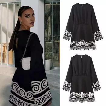 Женское платье с вышивкой, круглый вырез, свободные длинные рукава, однотонный А-силуэт, пуловер S чёрный