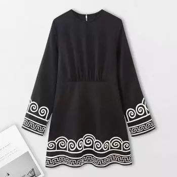 Женское платье с вышивкой, круглый вырез, свободные длинные рукава, однотонный А-силуэт, пуловер S чёрный