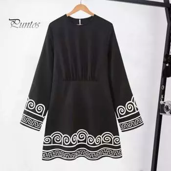 Женское платье с вышивкой, круглый вырез, свободный, с длинными рукавами, однотонный А-силуэт, короткое платье, вырез на спине, мини-платье на весну и осень S чёрный