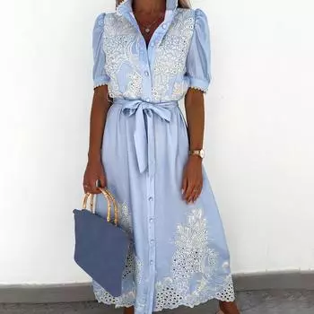 Женское платье с вышивкой, летнее однобортное платье макси на шнуровке, пляжная одежда S белый