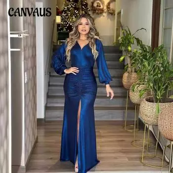 Женское платье с высоким разрезом, вечернее платье, плиссированное платье с рукавами-фонариками, платье-рыбий хвост S синий
