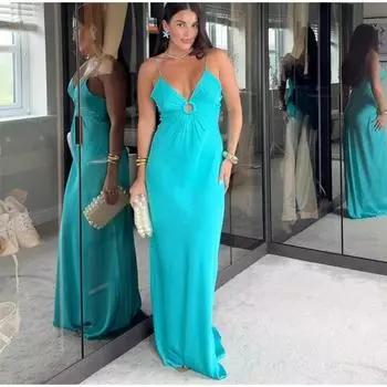 Женское платье с высокой талией и открытыми плечами, синее, с V-образным вырезом, без рукавов, для вечеринок, с открытой спиной, облегающее, элегантное, халаты S озеро синий