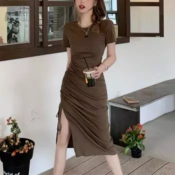 Женское платье с высокой текстурой, летнее, с завязками на завязках, с разрезом, маленькое, сексуальное, облегающее, выше колена, с коротким рукавом, длинное платье S чёрный