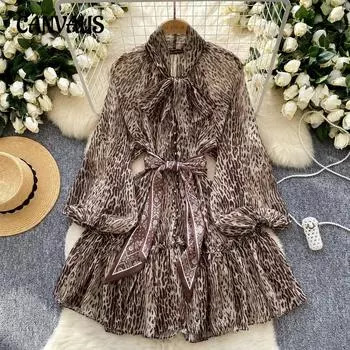 Женское платье с забавным шарфом, завязывающимся на талии, рукавами-фонариками, леопардовым принтом, сеткой, короткие платья А-силуэта One size чёрный